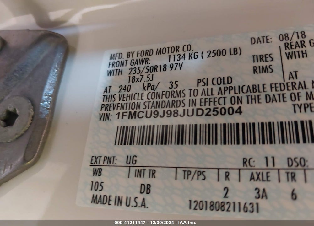 2018 FORD ESCAPE TITANIUM VIN: 1FMCU9J98JUD25004