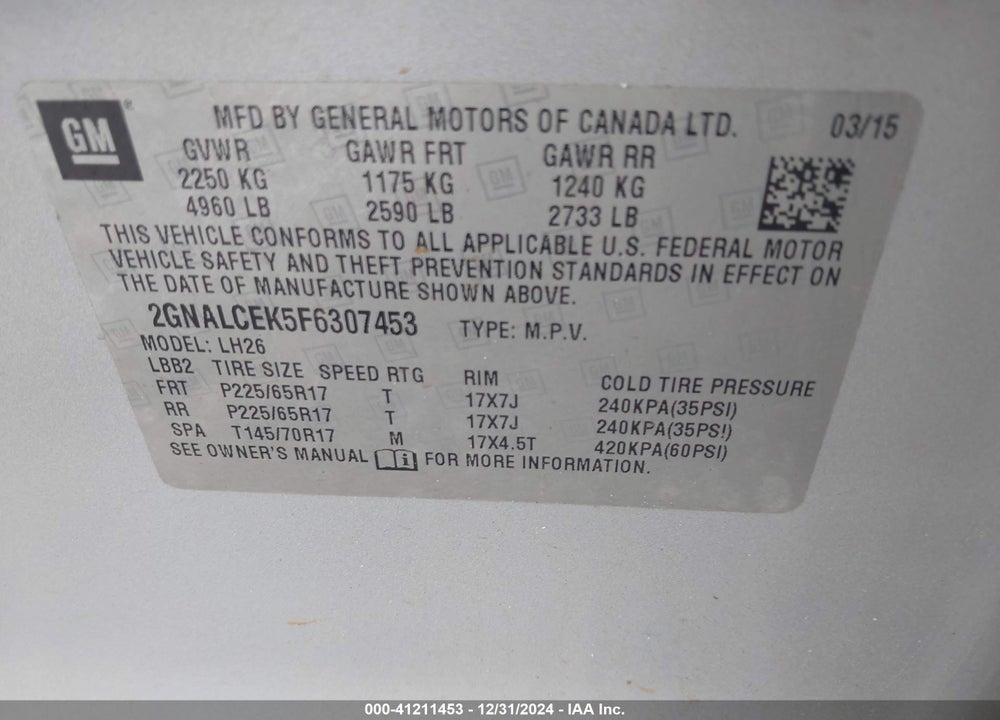 2015 CHEVROLET EQUINOX 2LT VIN: 2GNALCEK5F6307453