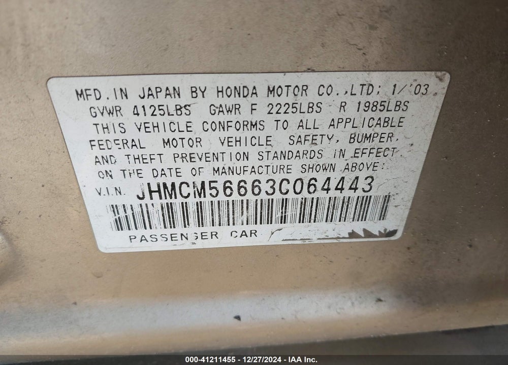 2003 HONDA ACCORD 2.4 EX VIN: JHMCM56663C064443