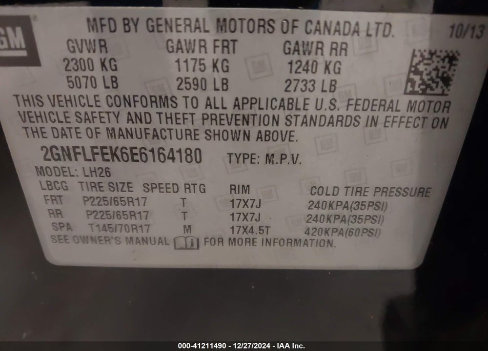 2014 CHEVROLET EQUINOX 1LT VIN: 2GNFLFEK6E6164180