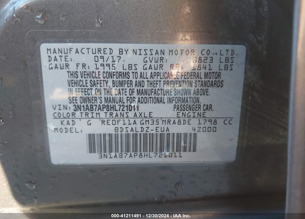 2017 NISSAN SENTRA SV VIN: 3N1AB7AP8HL721011