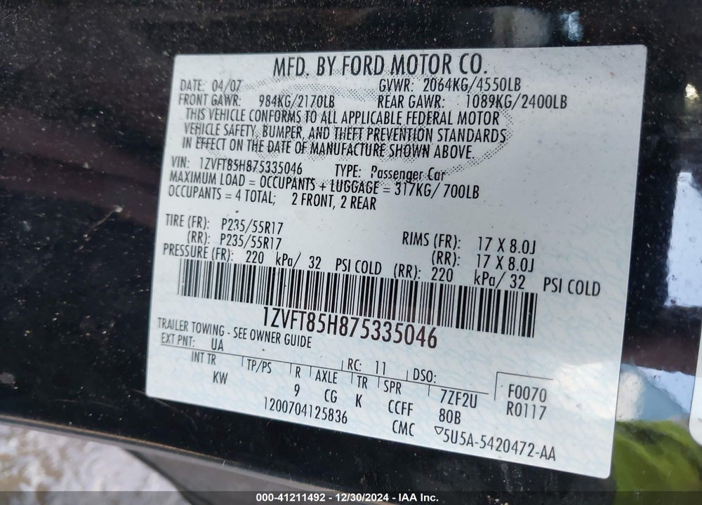 2007 FORD MUSTANG VIN: 1ZVFT85H875335046