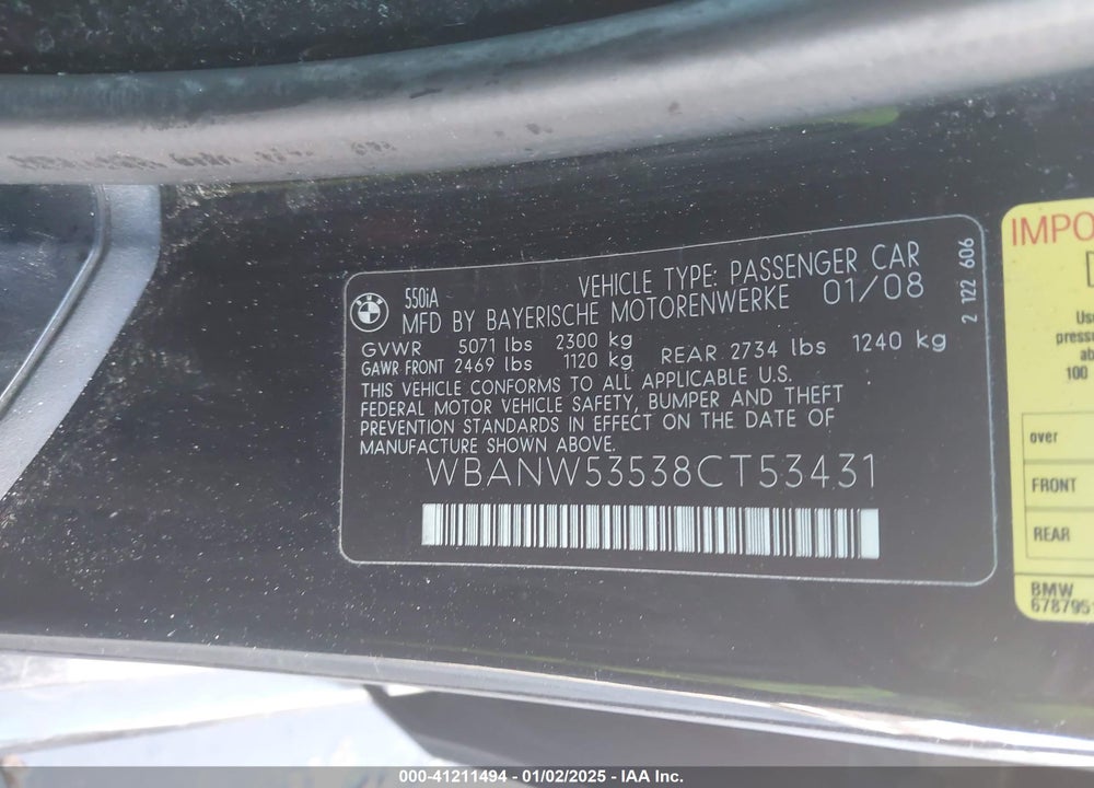 2008 BMW 550I VIN: WBANW53538CT53431
