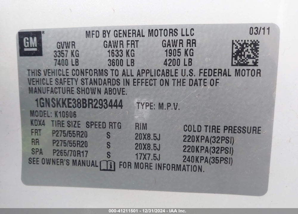 2011 CHEVROLET SUBURBAN 1500 LTZ VIN: 1GNSKKE38BR293444
