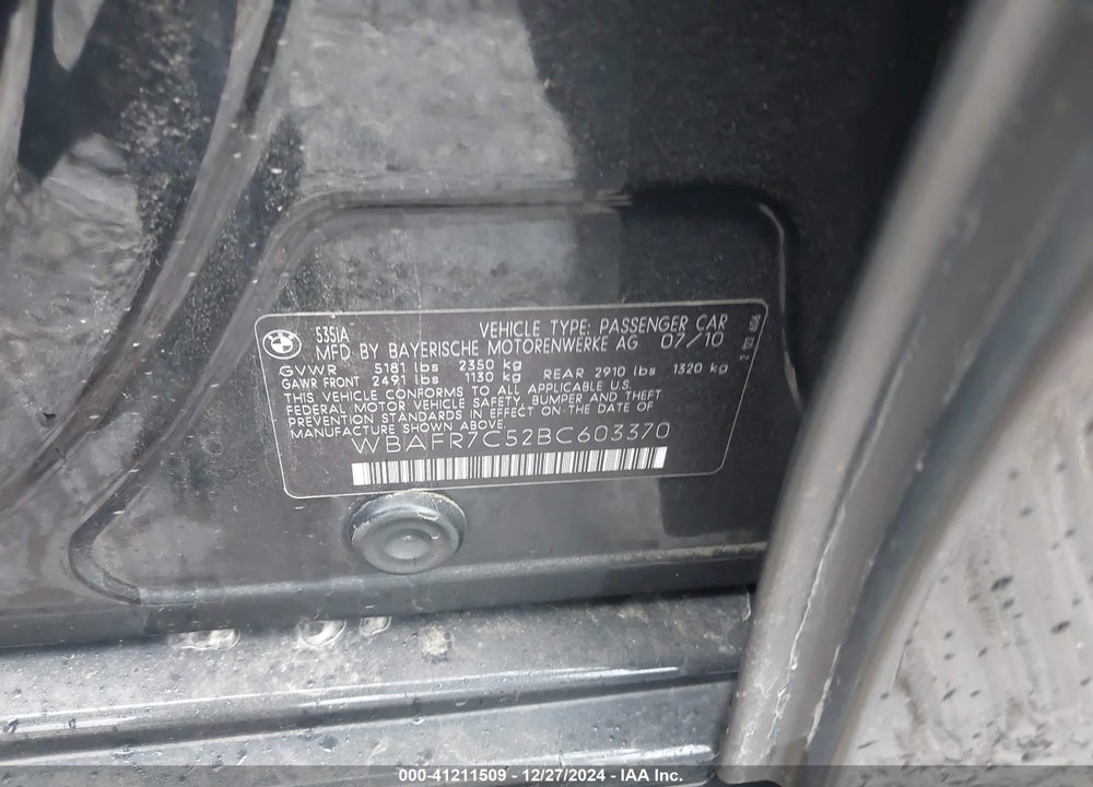 2011 BMW 535I VIN: WBAFR7C52BC603370