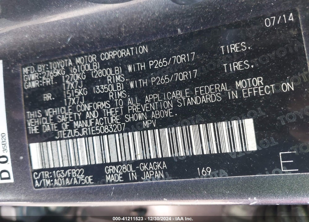 2014 TOYOTA 4RUNNER SR5 VIN: JTEZU5JR1E5083207