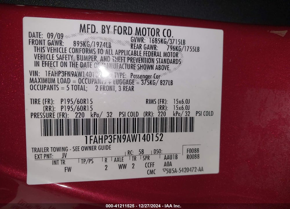 2010 FORD FOCUS VIN: 1FAHP3FN9AW140152