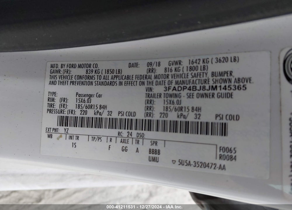 2018 FORD FIESTA SE VIN: 3FADP4BJ8JM145365
