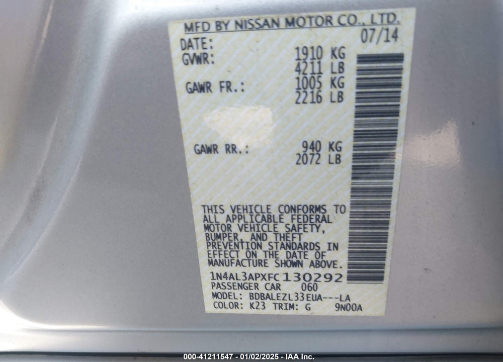 2015 NISSAN ALTIMA VIN: 1N4AL3APXFC130292