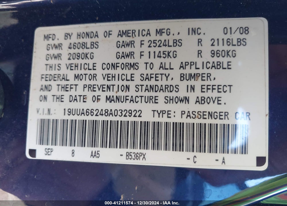 2008 ACURA TL 3.2 VIN: 19UUA66248A032922