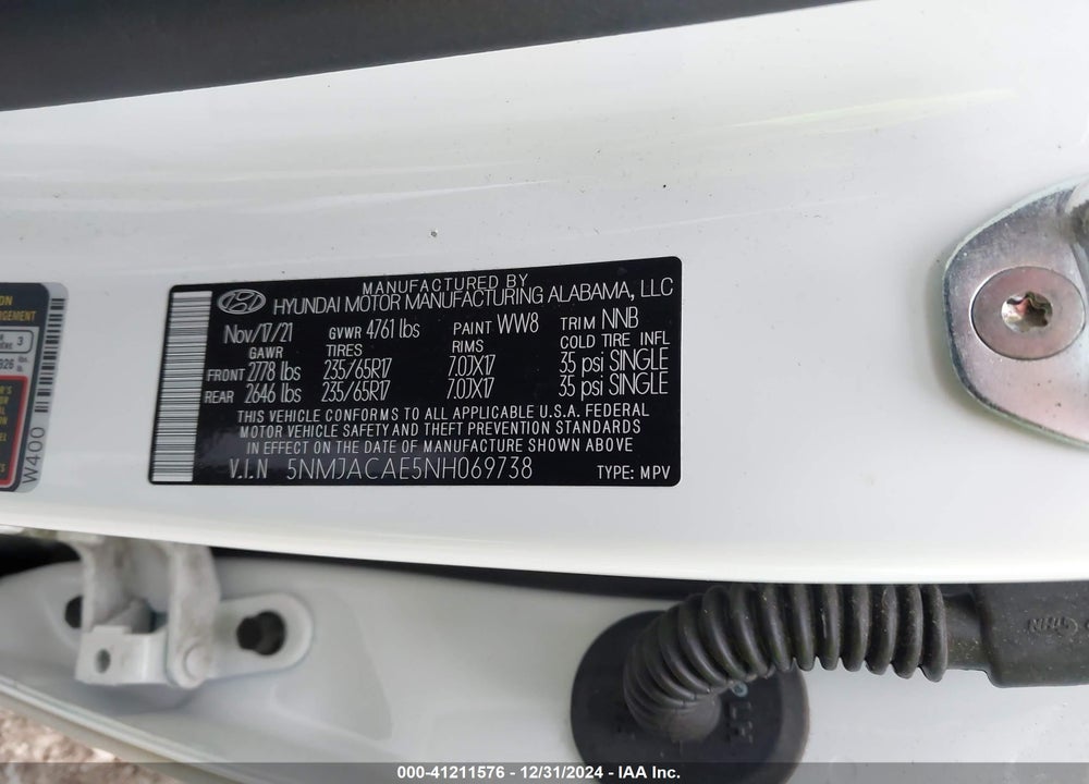 2022 HYUNDAI TUCSON SE VIN: 5NMJACAE5NH069738