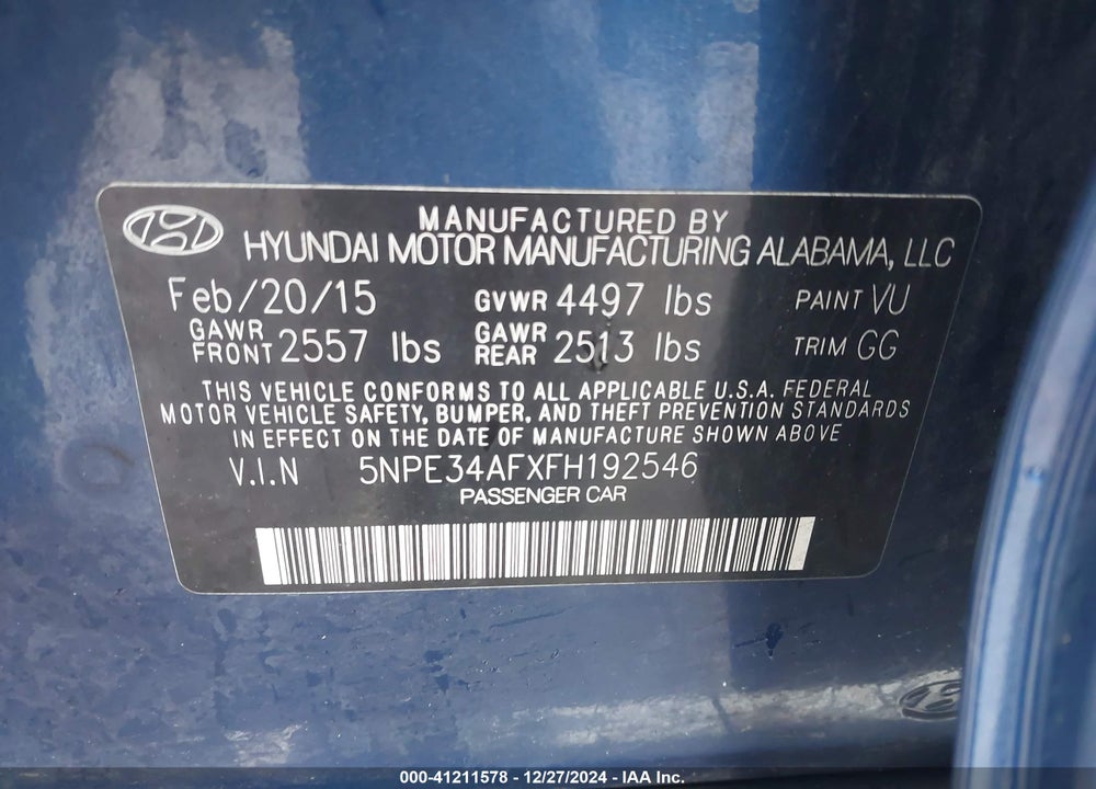 2015 HYUNDAI SONATA VIN: 5NPE34AFXFH192546