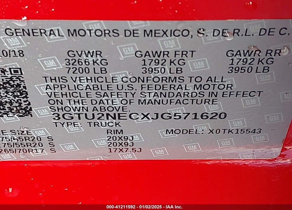 2018 GMC SIERRA 1500 VIN: 3GTU2NECXJG571620