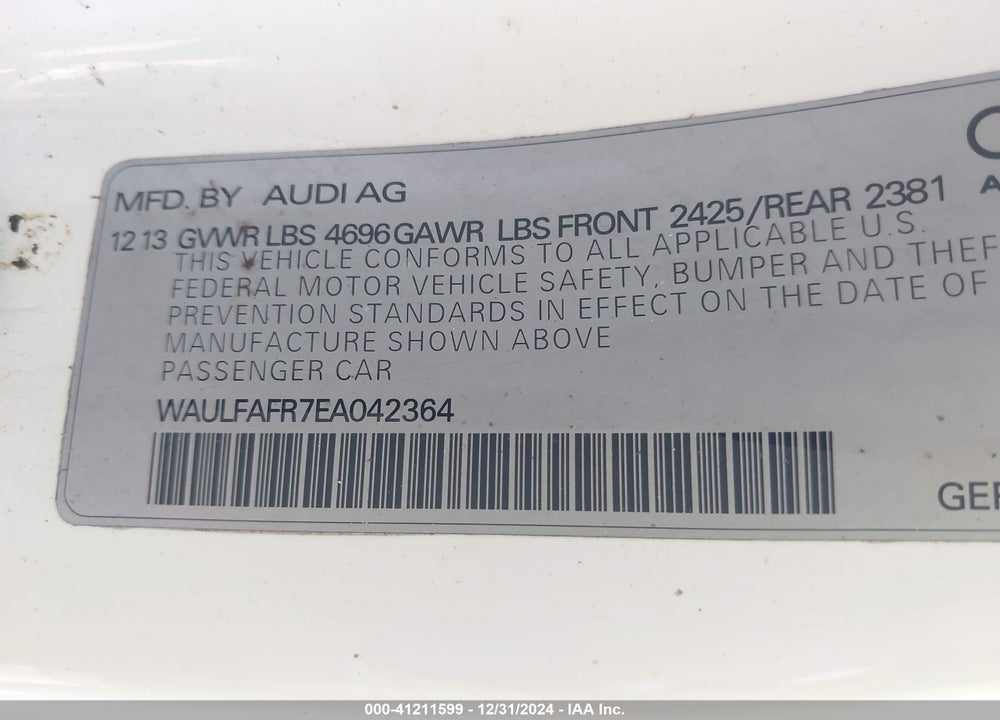 2014 AUDI A5 VIN: WAULFAFR7EA042364