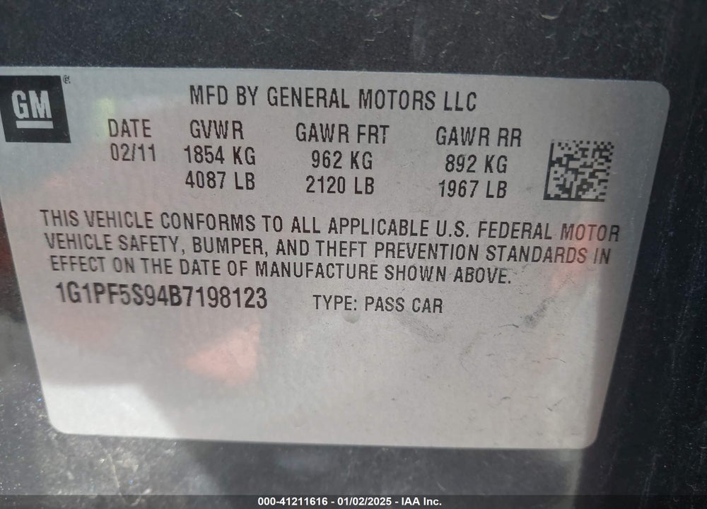 2011 CHEVROLET CRUZE 1LT VIN: 1G1PF5S94B7198123