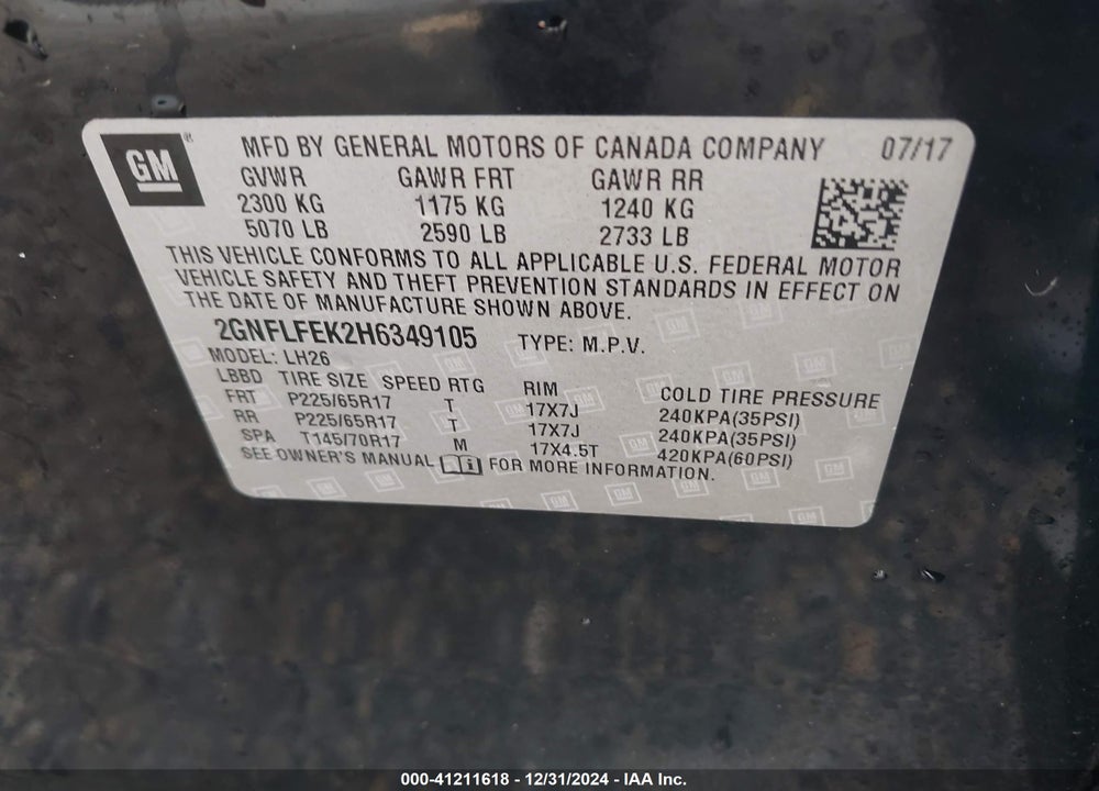 2017 CHEVROLET EQUINOX LT VIN: 2GNFLFEK2H6349105