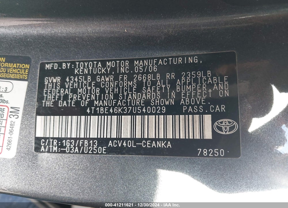2007 TOYOTA CAMRY LE VIN: 4T1BE46K37U540029