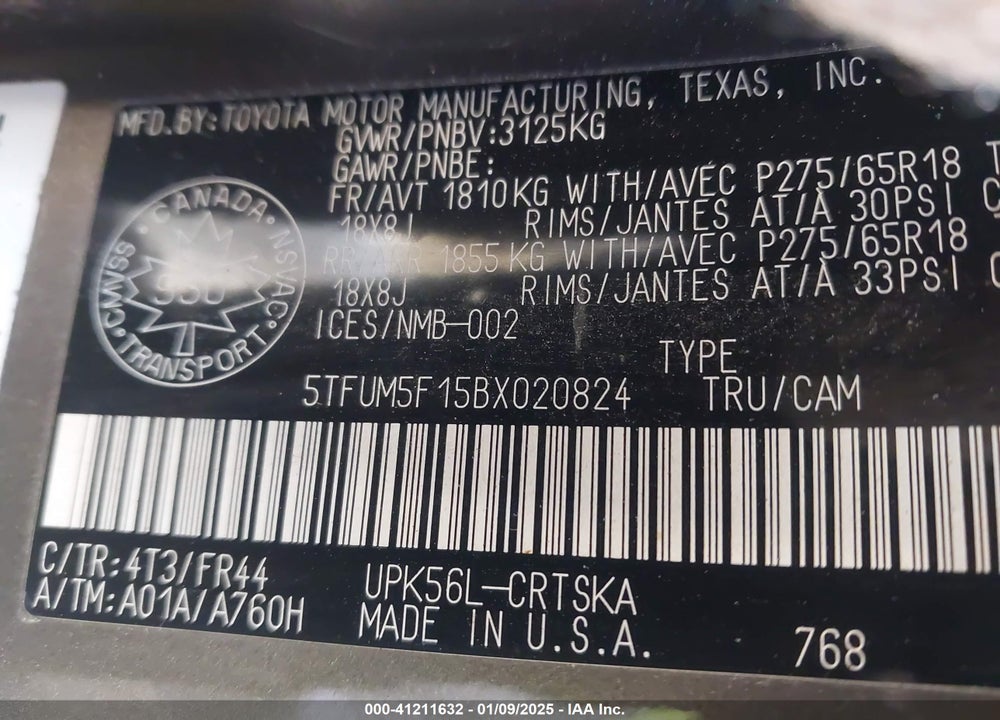 2011 TOYOTA TUNDRA VIN: 5TFUM5F15BX020824