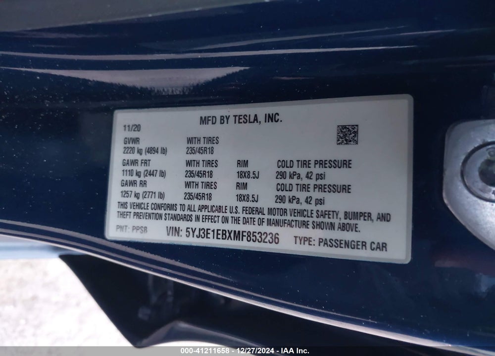 2021 TESLA MODEL 3 LONG RANGE DUAL MOTOR ALL-WHEEL DRIVE VIN: 5YJ3E1EBXMF853236