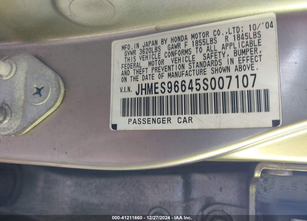 2005 HONDA CIVIC HYBRID VIN: JHMES96645S007107