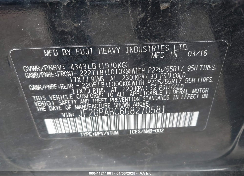 2016 SUBARU CROSSTREK 2.0I PREMIUM VIN: JF2GPABC6G8270581