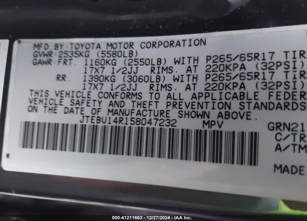 2005 TOYOTA 4RUNNER SR5 V6 VIN: JTEBU14R158047232