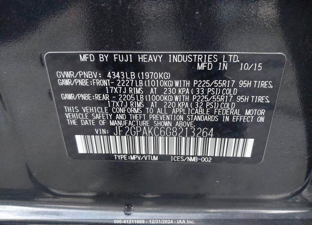 2016 SUBARU CROSSTREK 2.0I LIMITED VIN: JF2GPAKC6G8213264