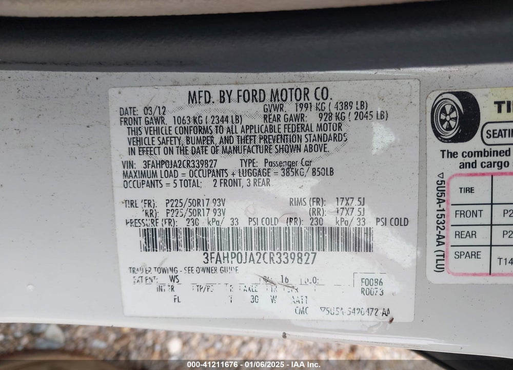 2012 FORD FUSION VIN: 3FAHP0JA2CR339827