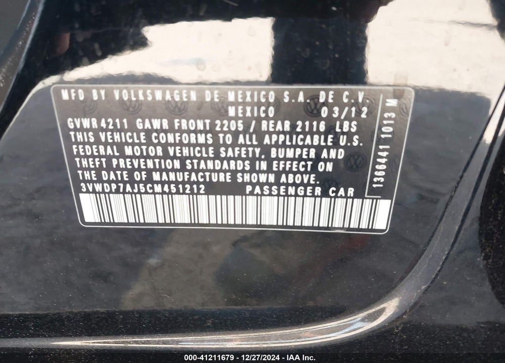 2012 VOLKSWAGEN JETTA 2.5L SE VIN: 3VWDP7AJ5CM451212