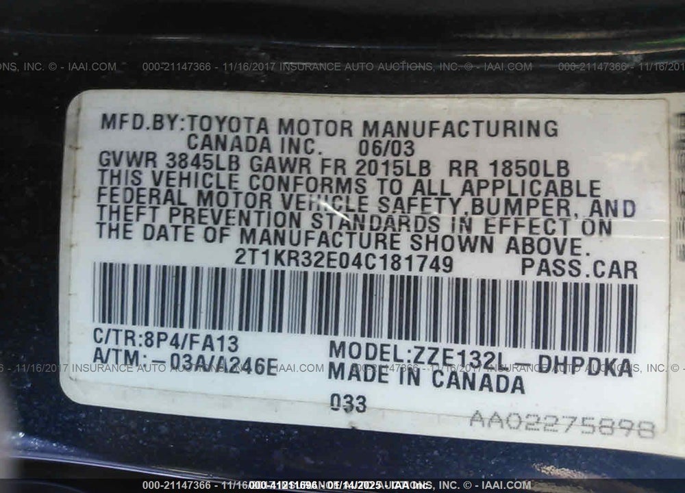 2004 TOYOTA MATRIX STANDARD VIN: 2T1KR32E04C181749