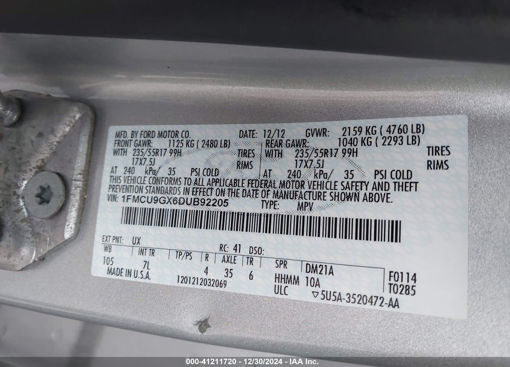 2013 FORD ESCAPE SE VIN: 1FMCU9GX6DUB92205