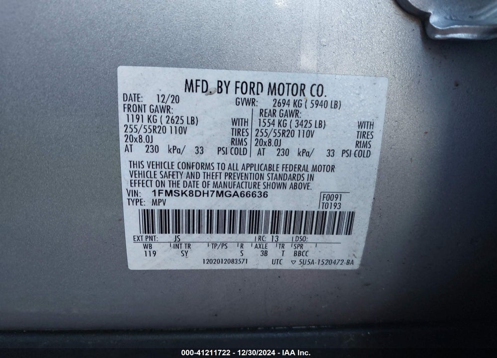 2021 FORD EXPLORER VIN: 1FMSK8DH7MGA66636