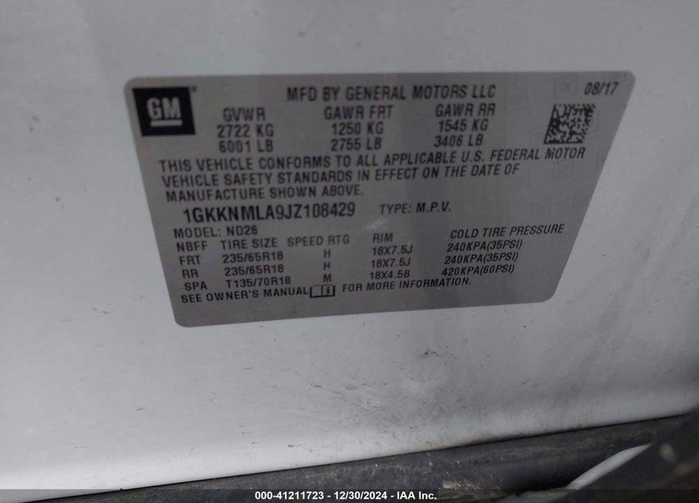 2018 GMC ACADIA SLT-1 VIN: 1GKKNMLA9JZ108429
