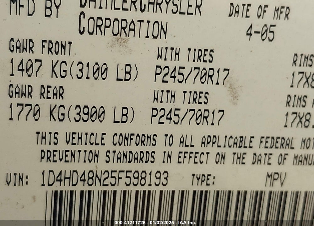 2005 DODGE DURANGO SLT VIN: 1D4HD48N25F598193