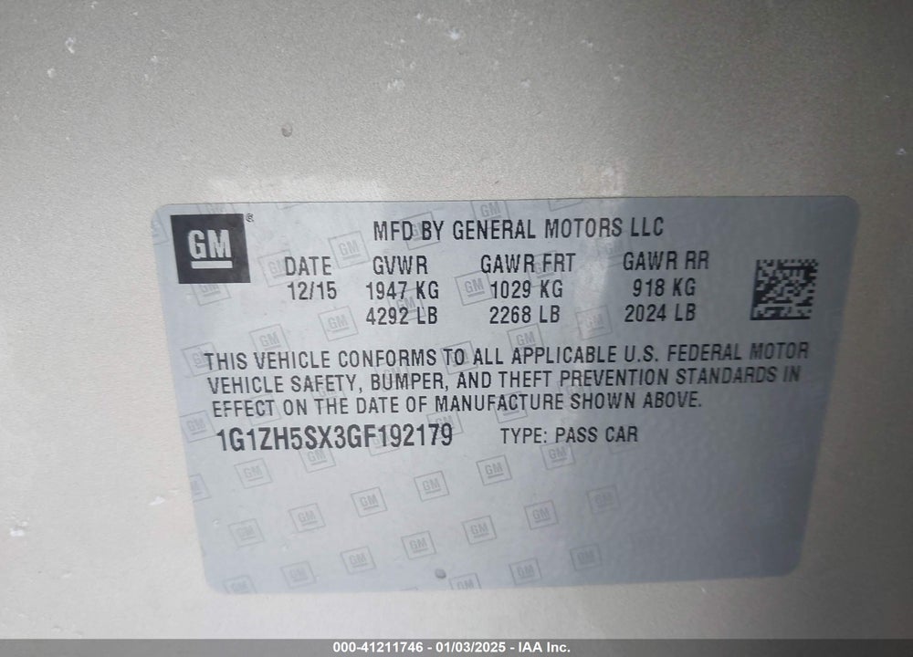 2016 CHEVROLET MALIBU VIN: 1G1ZH5SX3GF192179