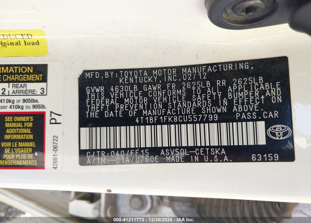 2012 TOYOTA CAMRY SE/LE/XLE VIN: 4T1BF1FK8CU557799