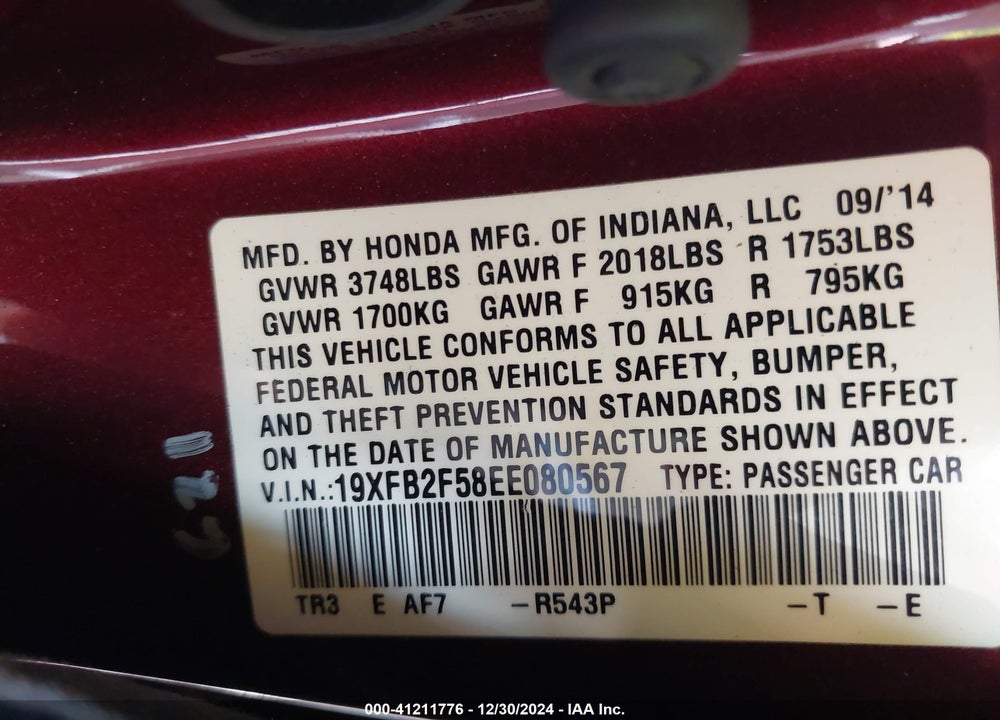 2014 HONDA CIVIC LX VIN: 19XFB2F58EE080567