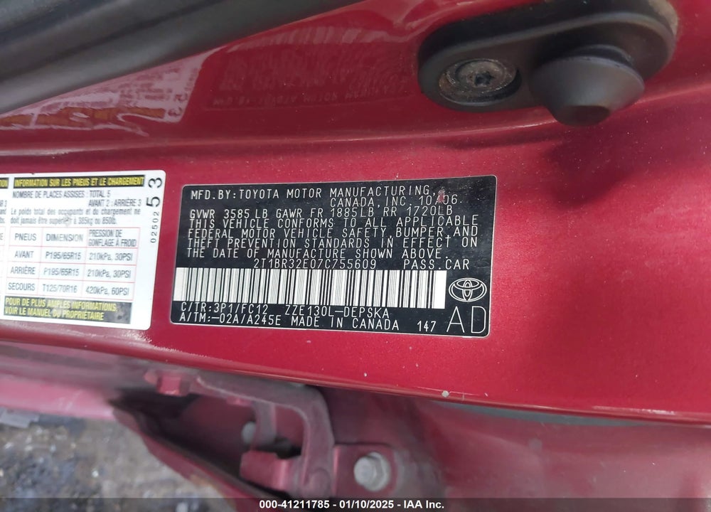 2007 TOYOTA COROLLA S VIN: 2T1BR32E07C755609