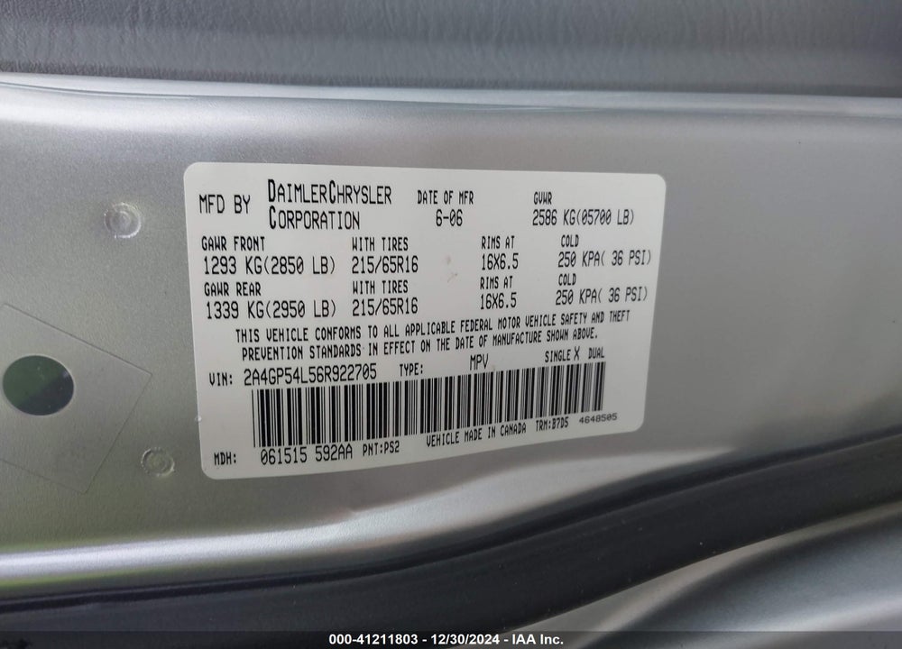 2006 CHRYSLER TOWN & COUNTRY VIN: 2A4GP54L56R922705