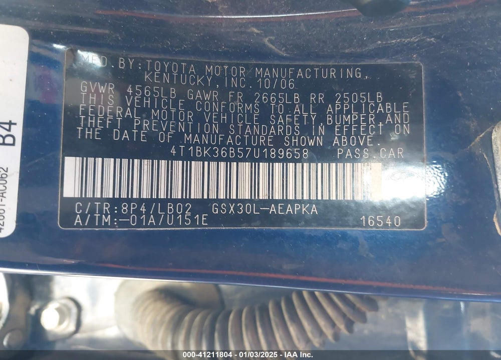 2007 TOYOTA AVALON LIMITED VIN: 4T1BK36B57U189658