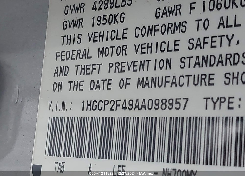 2010 HONDA ACCORD VIN: 1HGCP2F49AA098957