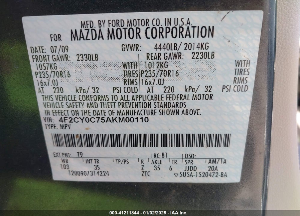 2010 MAZDA TRIBUTE I TOURING VIN: 4F2CY0C75AKM00110