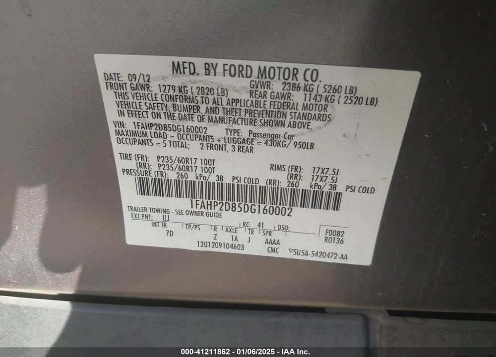 2013 FORD TAURUS VIN: 1FAHP2D85DG160002