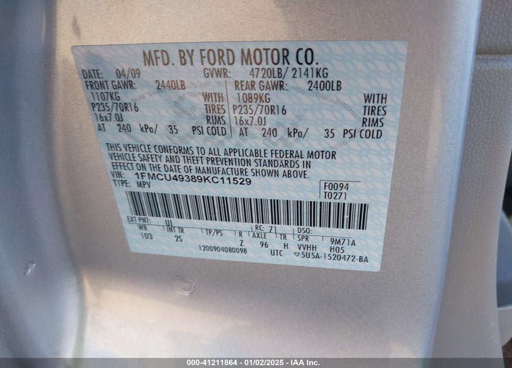 2009 FORD ESCAPE HYBRID VIN: 1FMCU49389KC11529