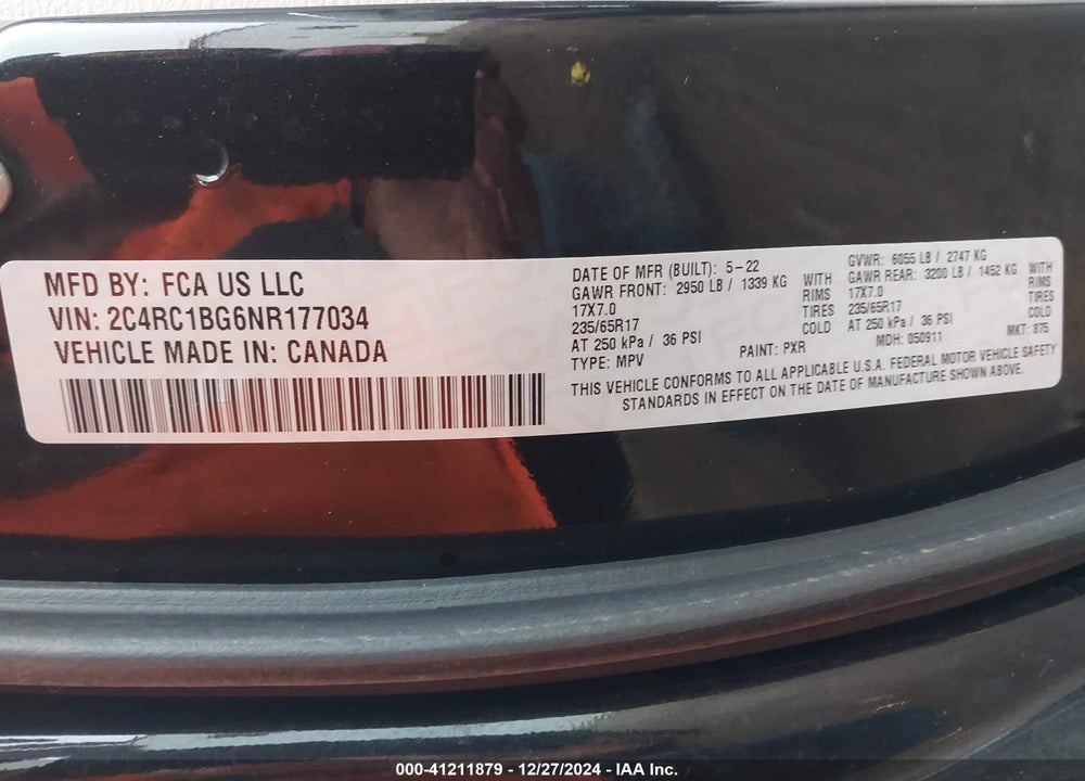 2022 CHRYSLER PACIFICA TOURING L VIN: 2C4RC1BG6NR177034