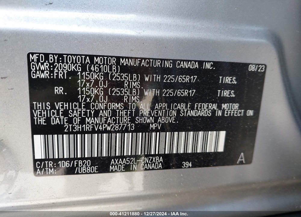 2023 TOYOTA RAV4 VIN: 2T3H1RFV4PW287713