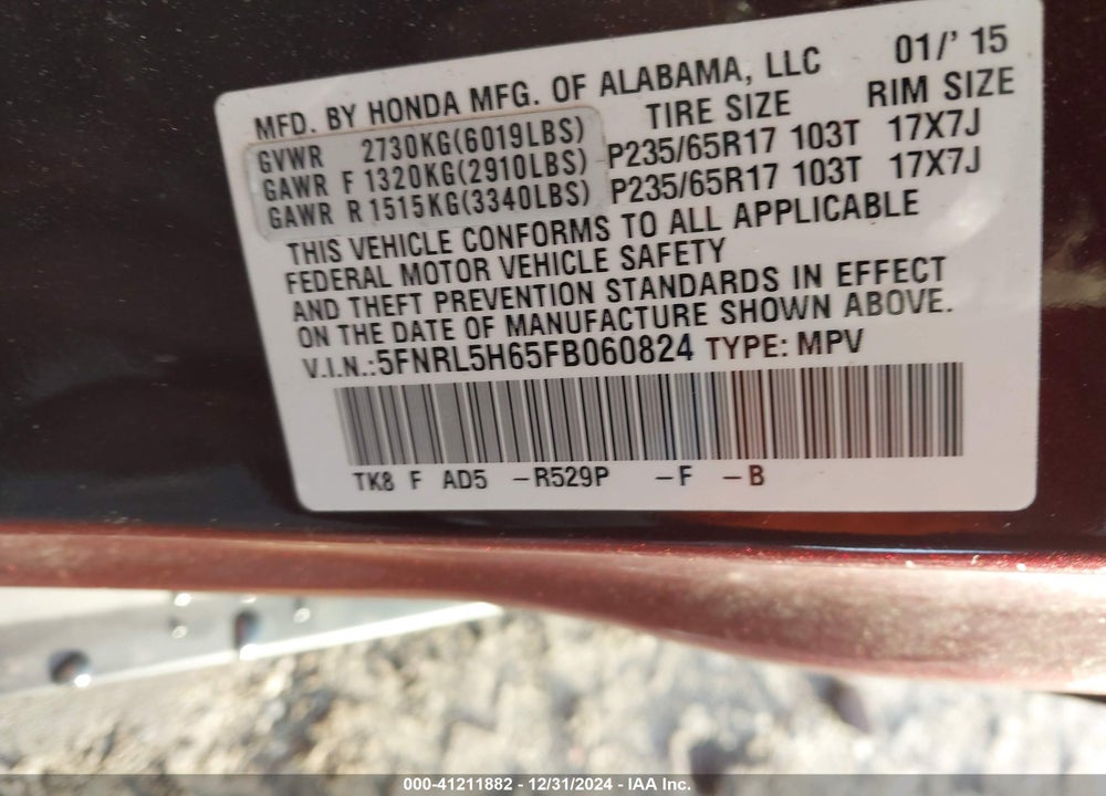 2015 HONDA ODYSSEY VIN: 5FNRL5H65FB060824