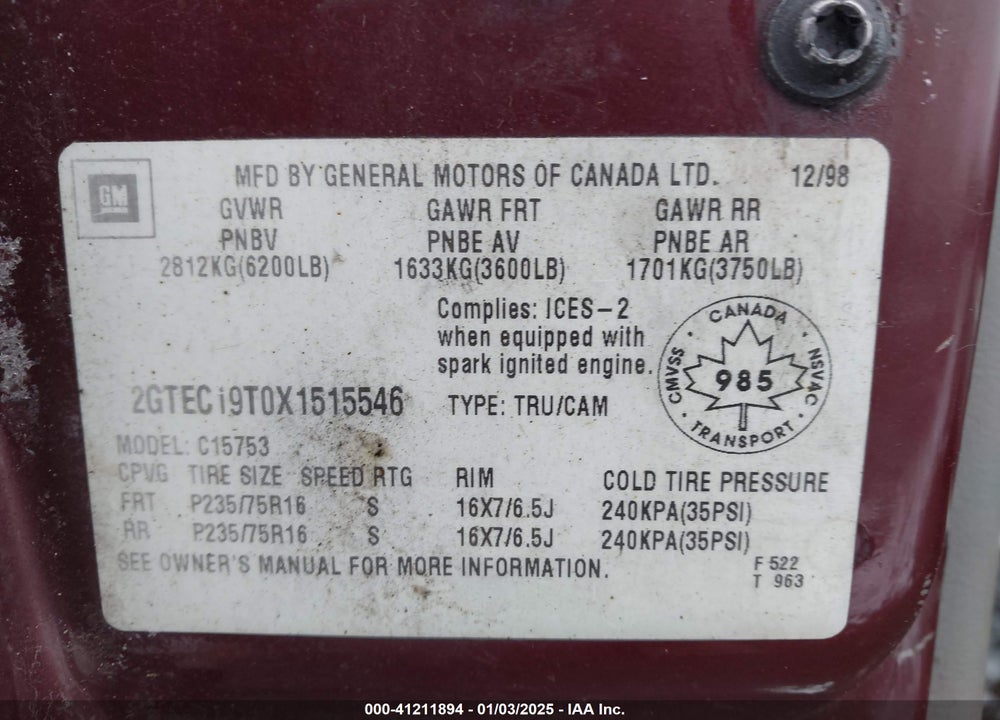 1999 GMC SIERRA 1500 SL/SLE VIN: 2GTEC19T0X1515546