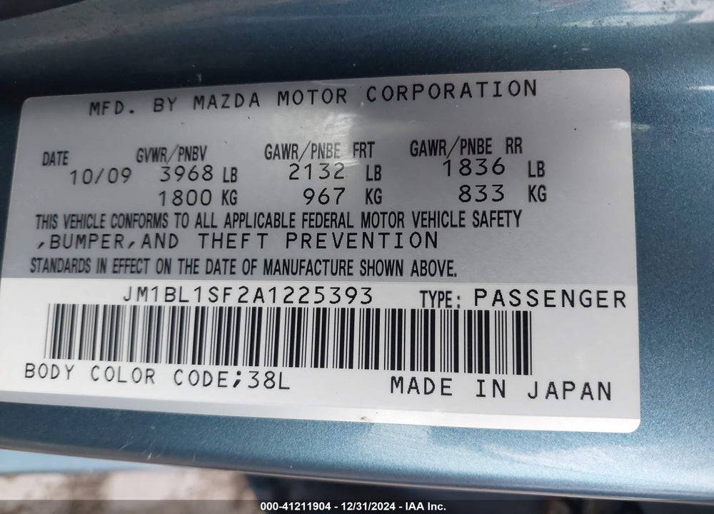 2010 MAZDA 3 I TOURING VIN: JM1BL1SF2A1225393