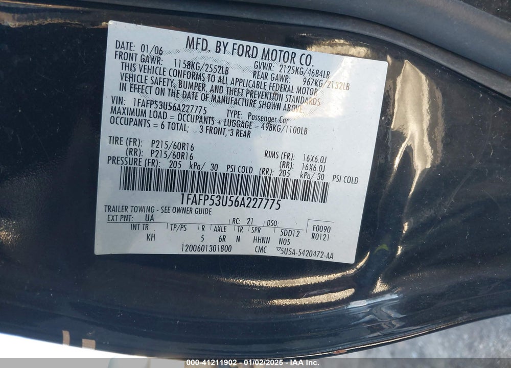 2006 FORD TAURUS SE VIN: 1FAFP53U56A227775